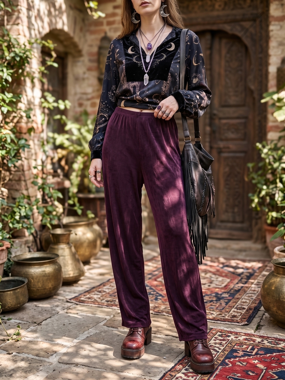 Vintage Whimsigoth Burgundy Plum Slinky High Rise Pull On Pants Lounge Goth